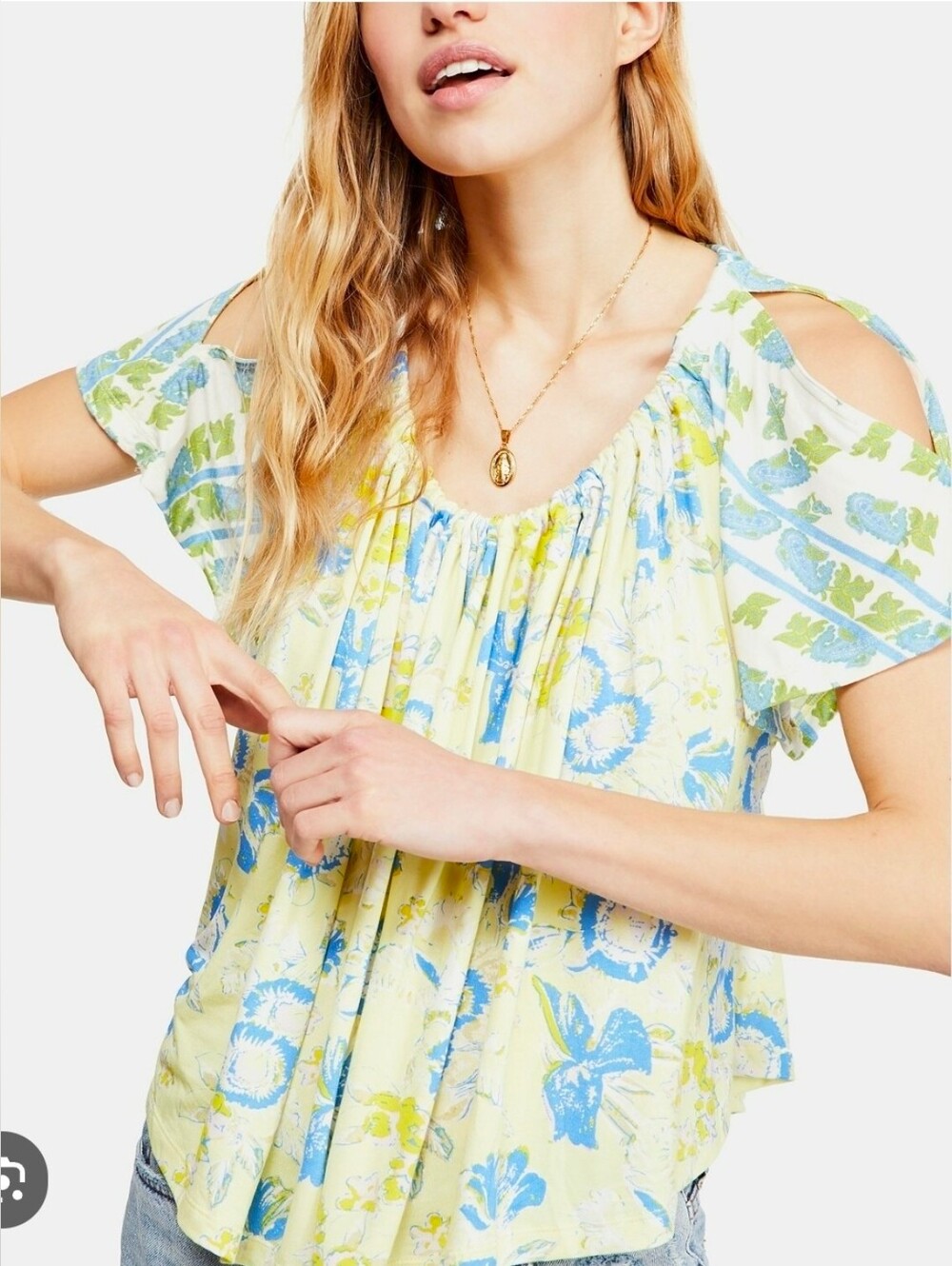 Free People Baja Babe Printed Tie-Back Top Lemon Gelato Yellow Blue Size M